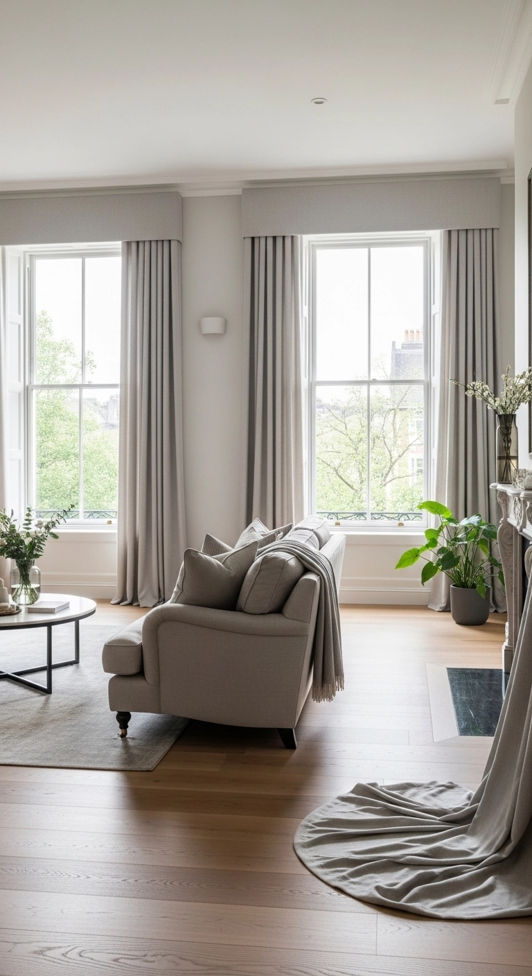 living room decor ideas with high-hung curtains in a bright cozy room