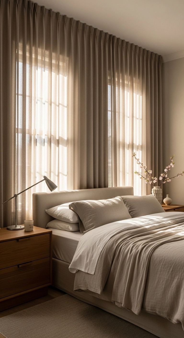 house decor with high-hung curtains in a calm elegant bedroom