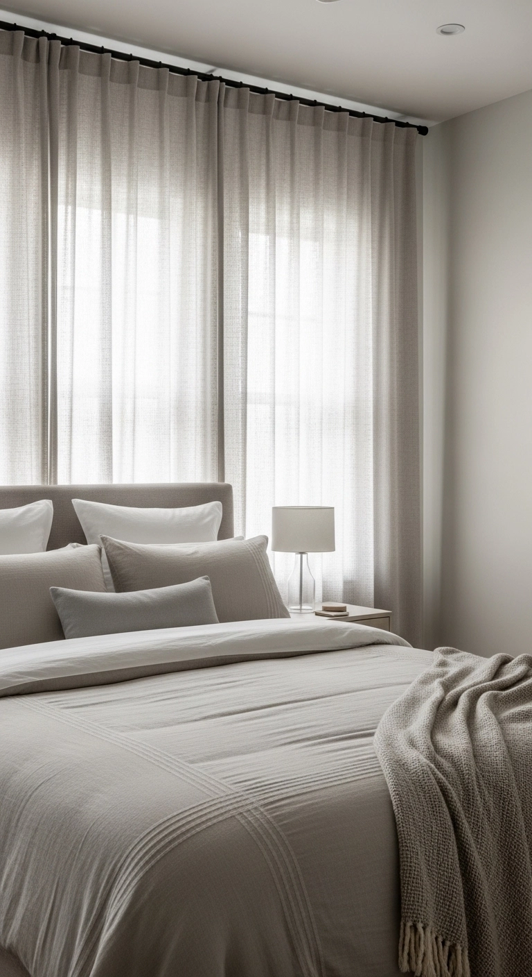 decorating a rental with high hung curtains in a soft bedroom