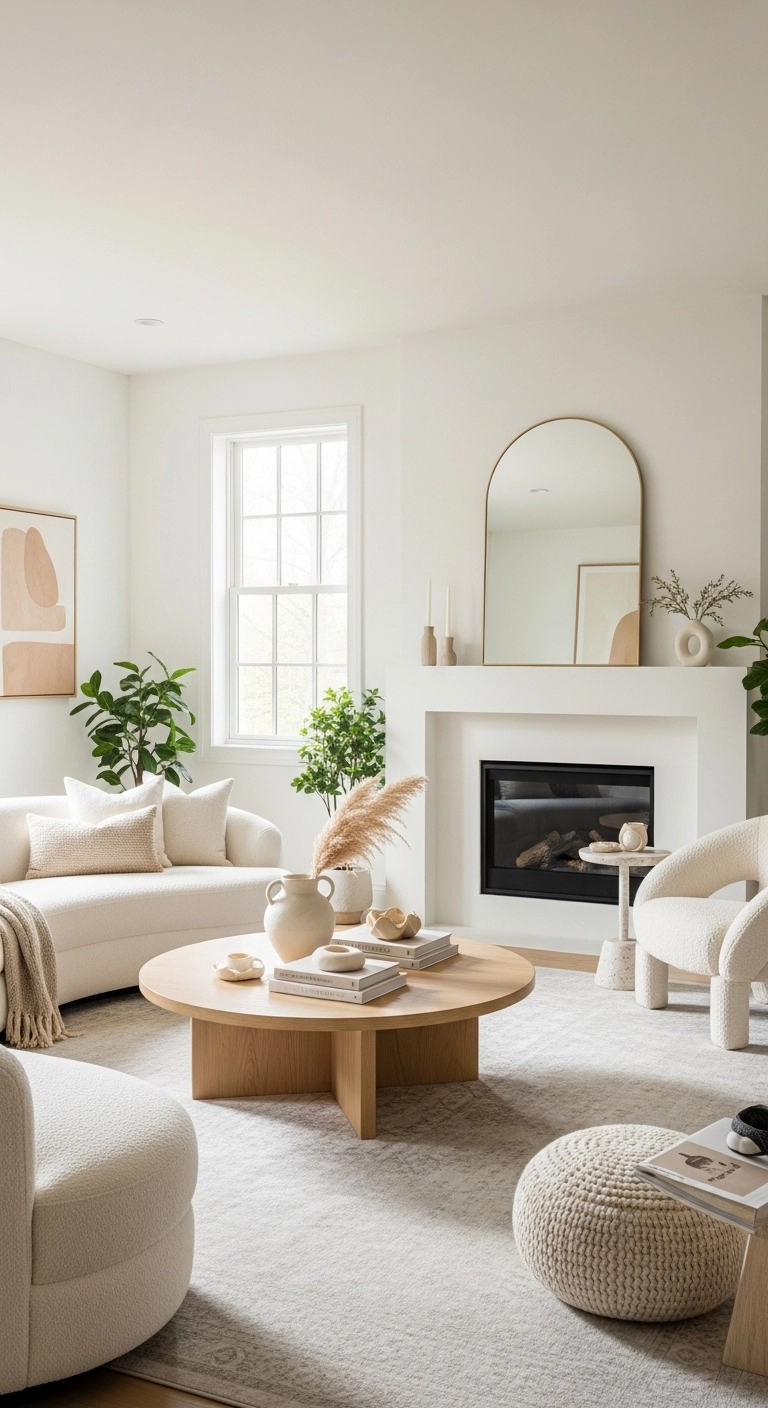 White living room ideas with curved furniture and modern softness