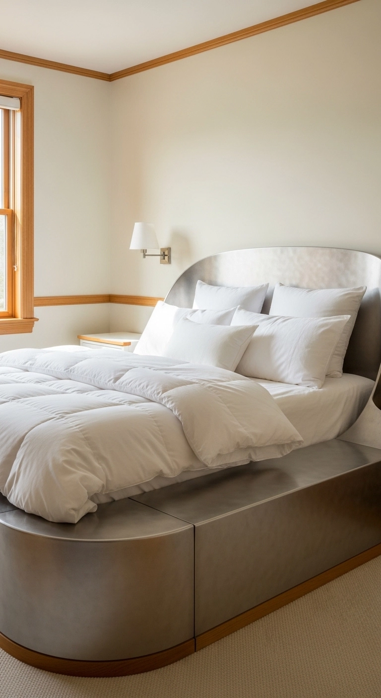 metal bed frame bedroom ideas with a curved headboard and soft decor