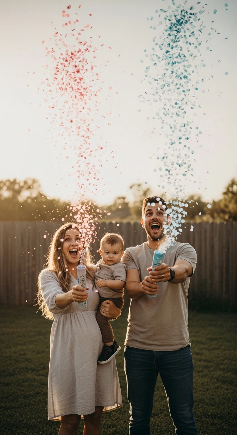 DIY gender reveal ideas with confetti poppers at an outdoor party