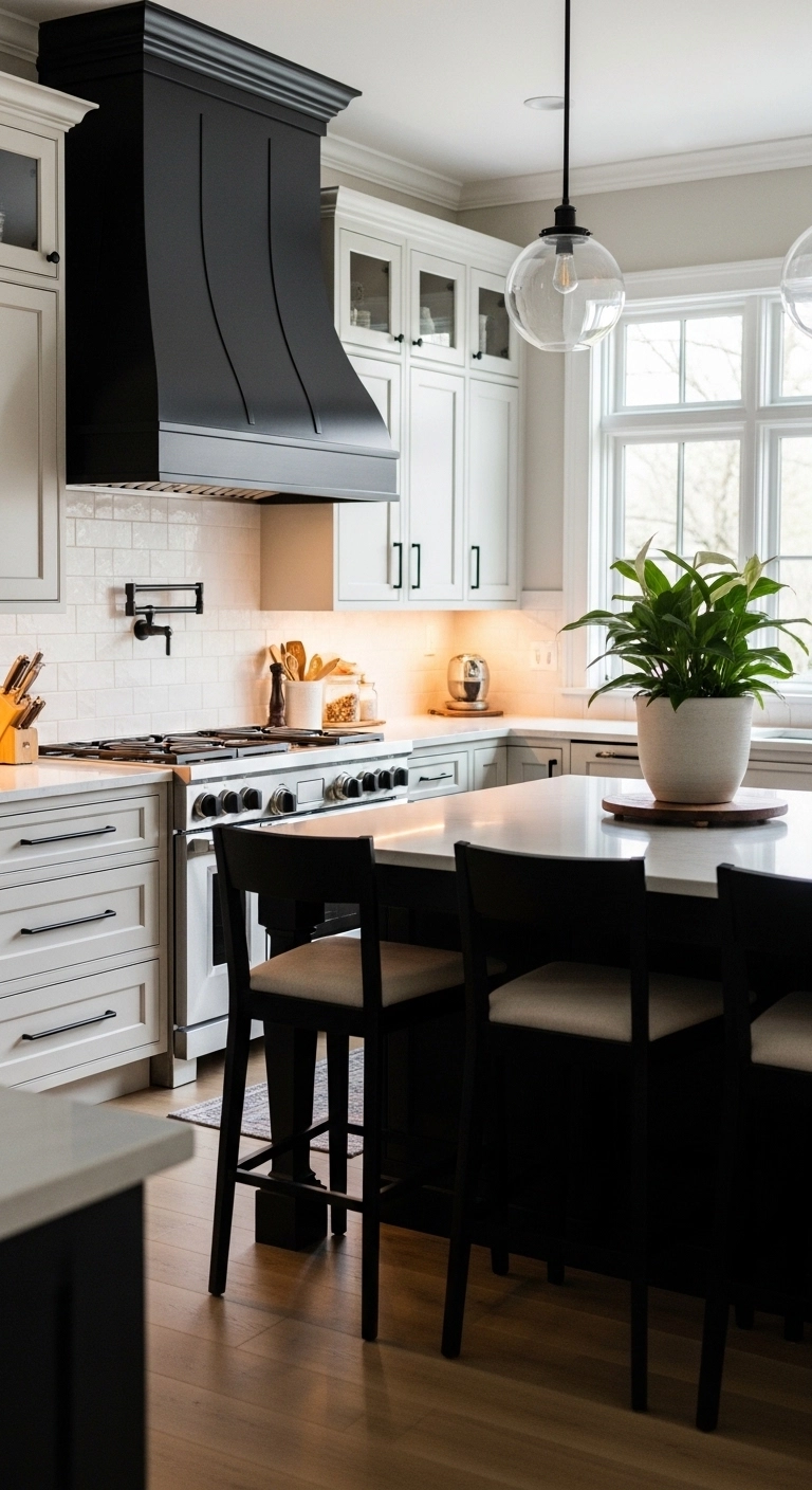 kitchen vent hood ideas with a dark hood for contrast