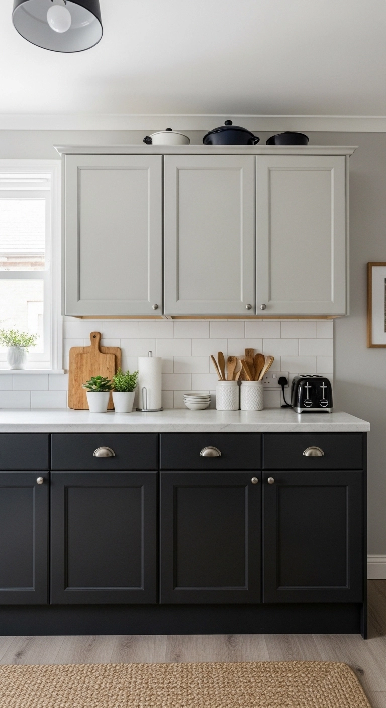 Kitchen cabinet ideas with dark lower cabinets and bright upper cabinets