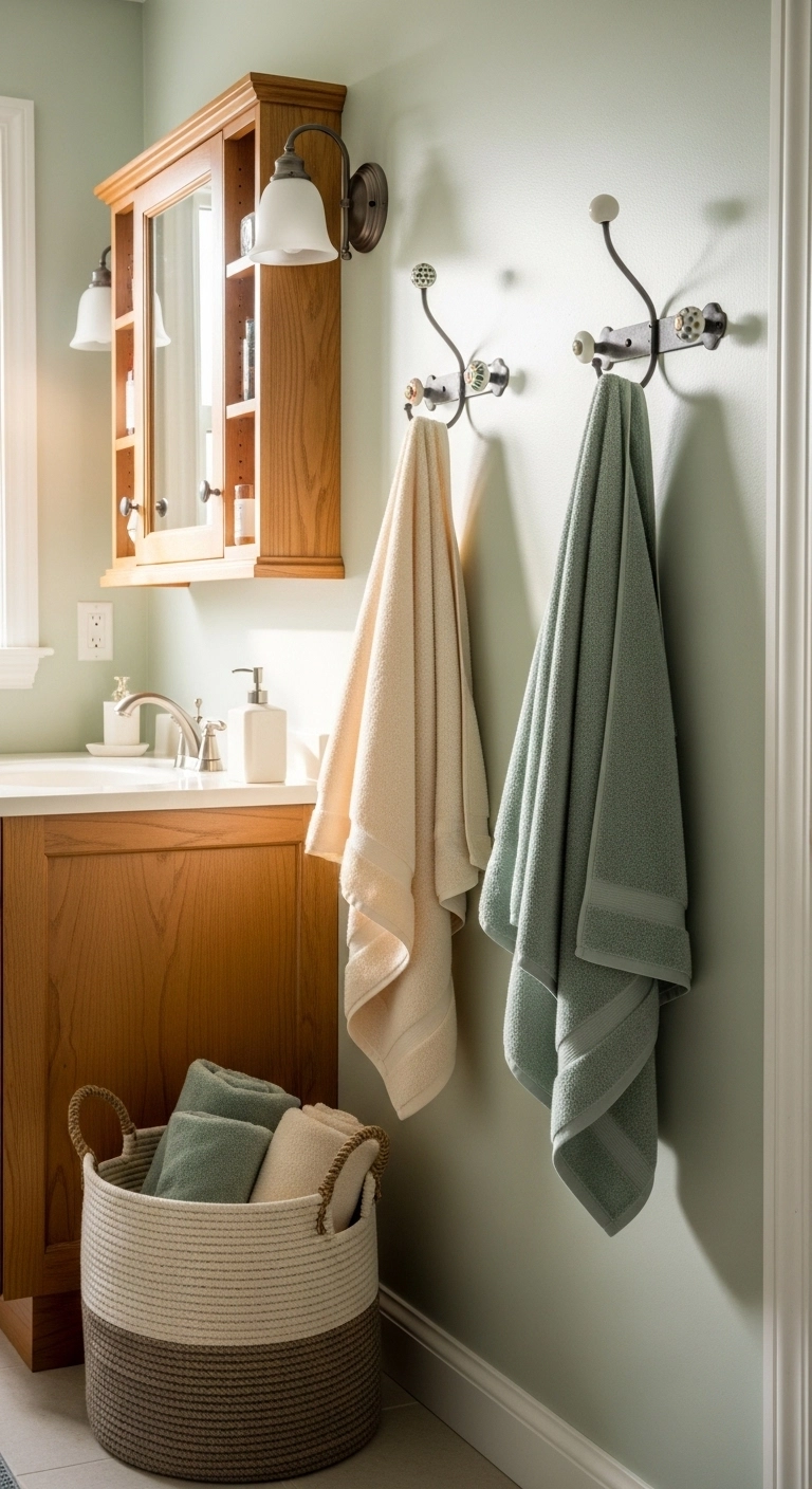 Bathroom towel hanging ideas with decorative wall hooks in a family bathroom