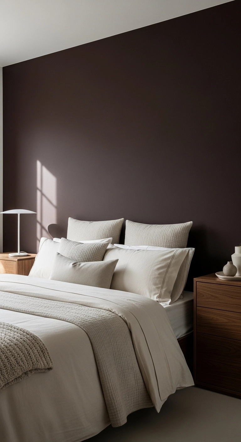 Brown bedroom ideas with a deep accent wall and cream bedding