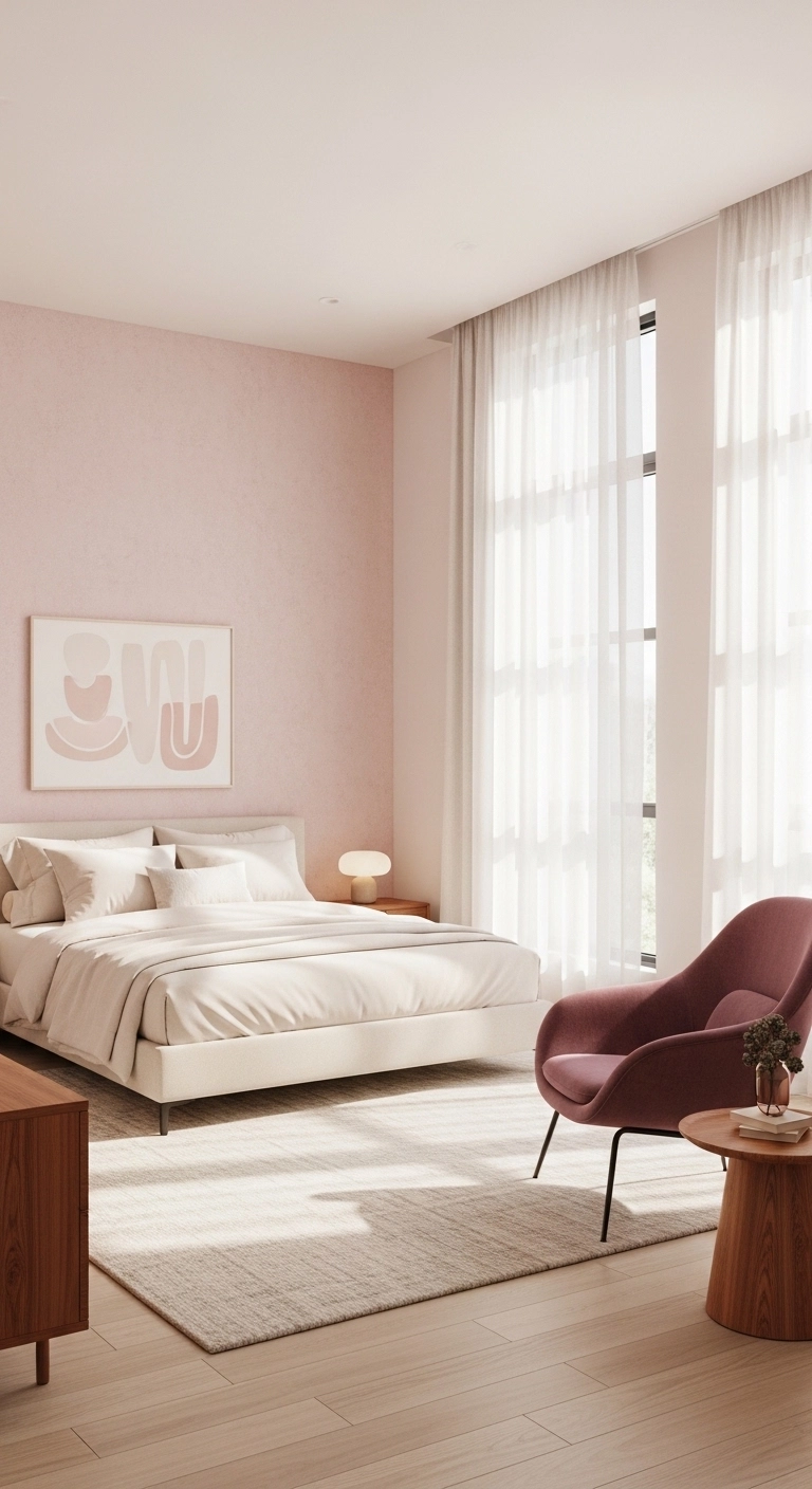 Pink bedroom ideas with a deep mauve accent chair