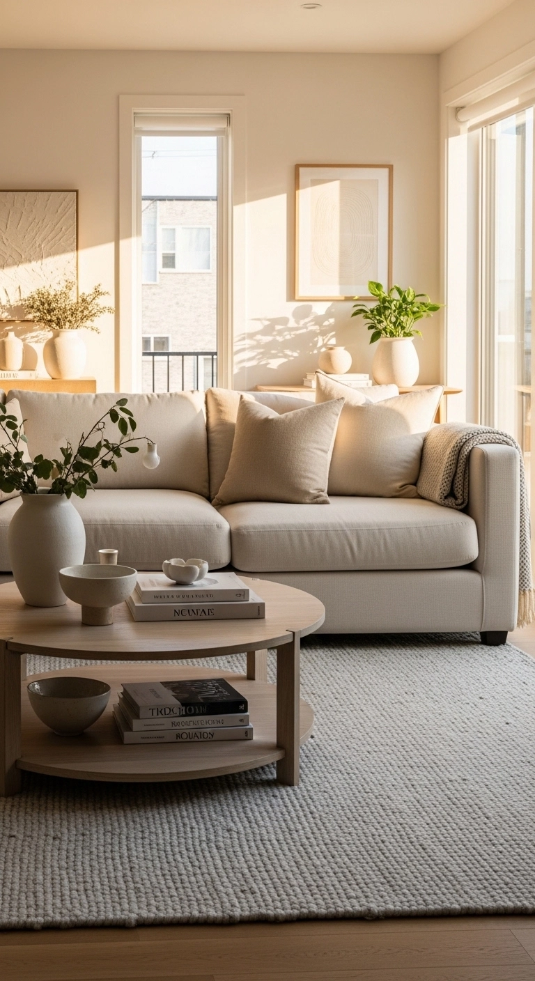 modern living room designs with a deep sofa and cozy neutral styling