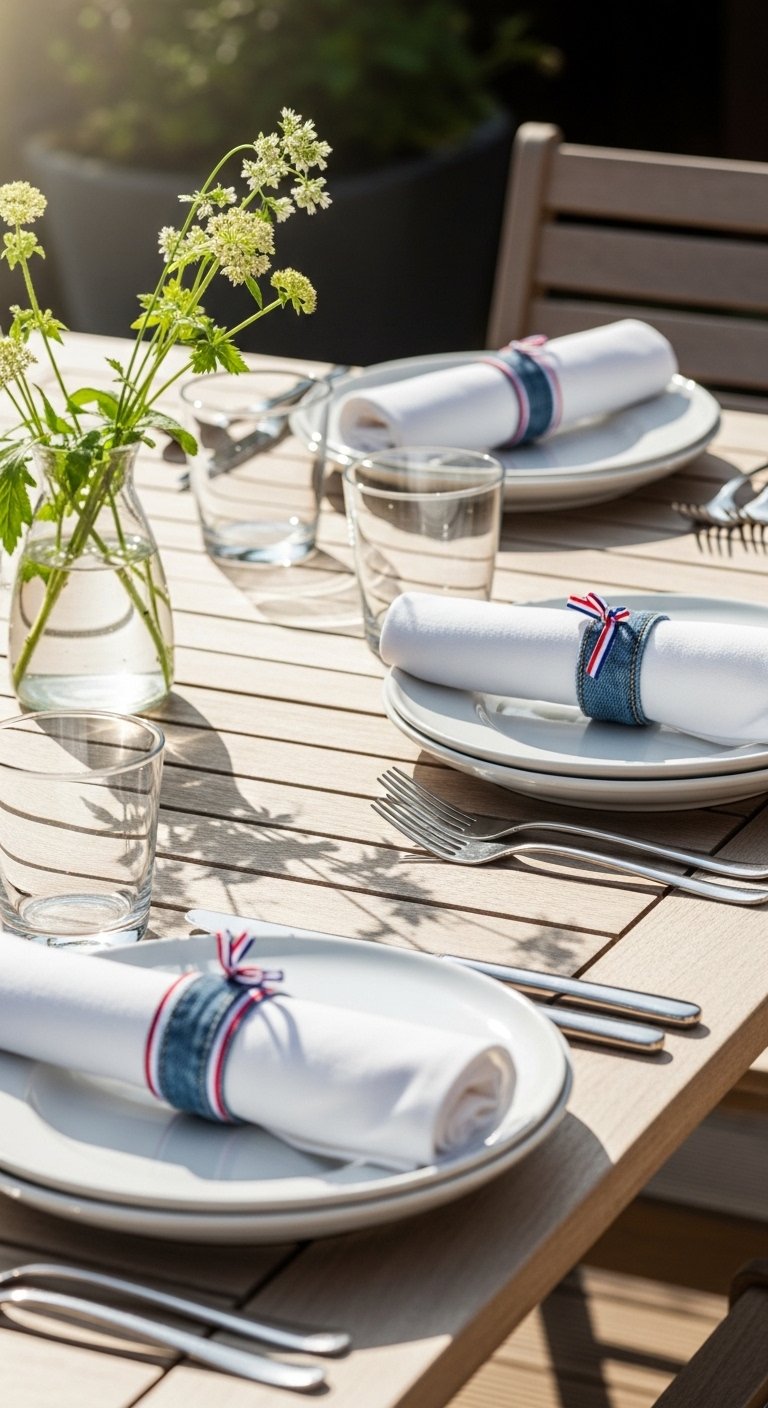 DIY 4th of July decorations with denim napkin rings on an outdoor holiday table