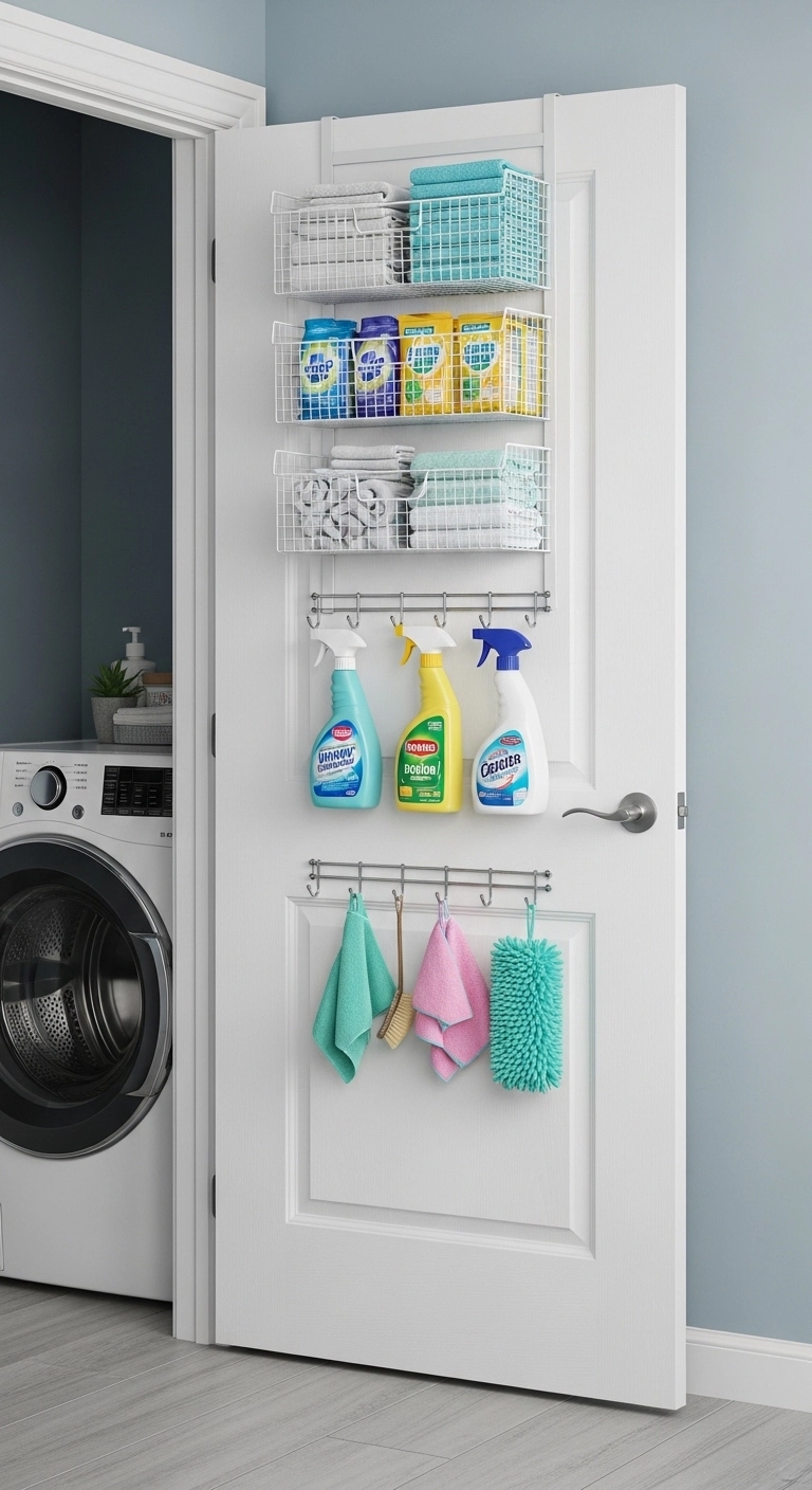 Small laundry room ideas using door storage for extra organization