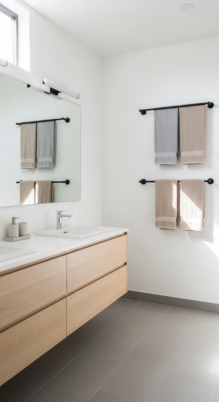 Bathroom towel hanging ideas using double black towel bars in a shared bathroom