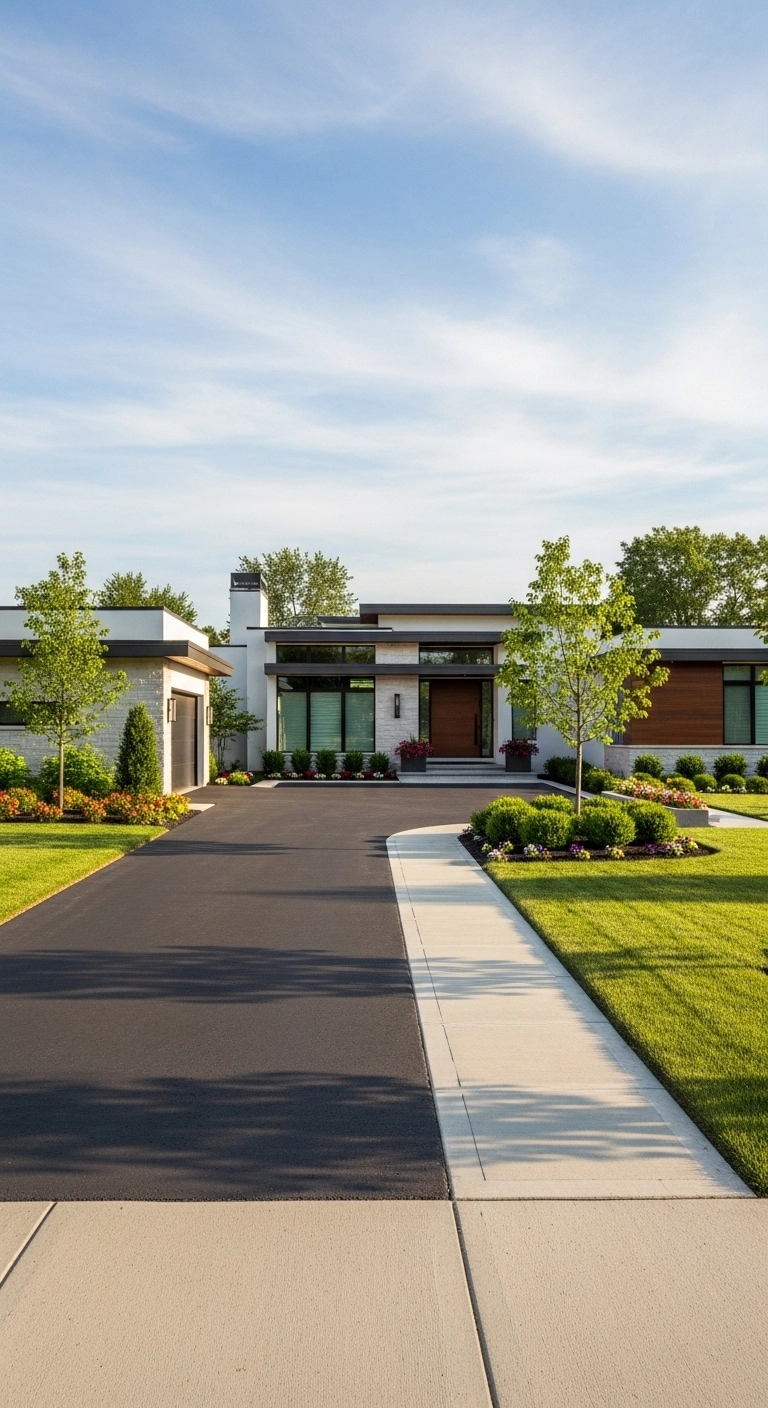 Asphalt driveway ideas with a side walkway and tidy home entrance