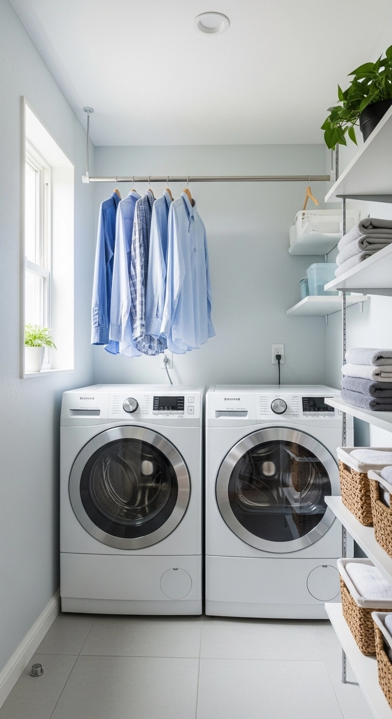Small laundry room ideas with drying rod above washer and dryer