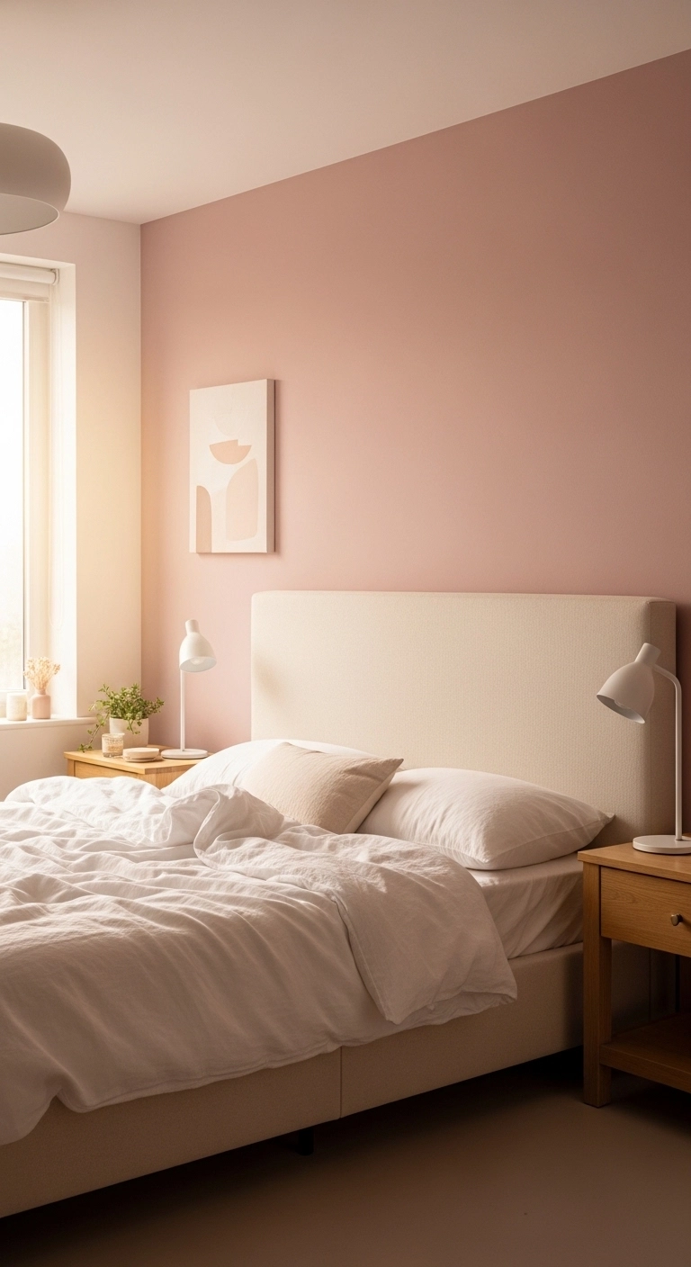 Pink bedroom ideas with dusty pink walls and cream bed