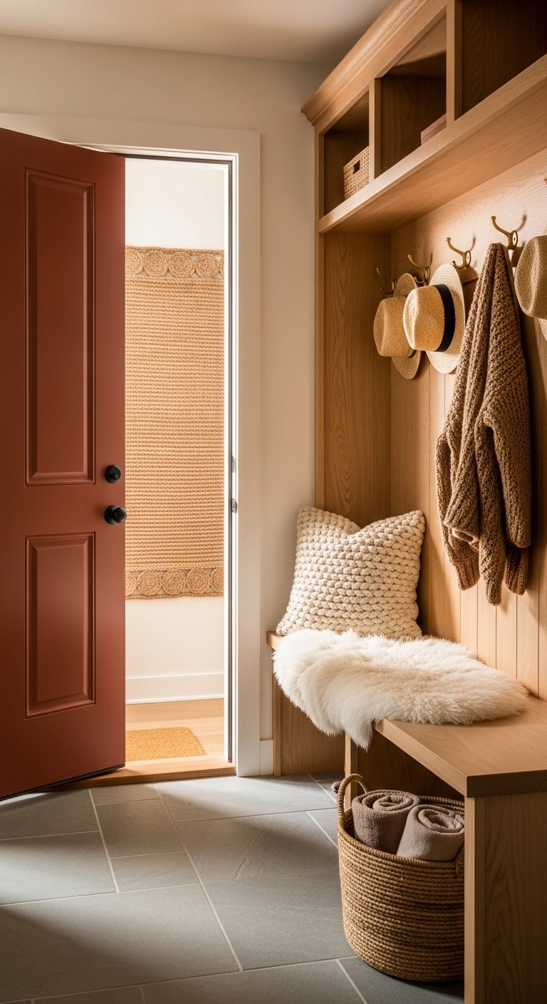 Door painting ideas with an earthy terracotta door in a cozy mudroom