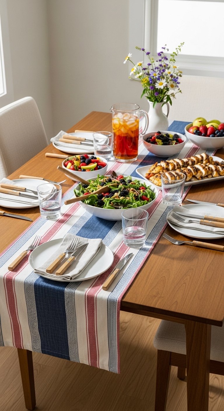 DIY 4th of July decorations featuring a patriotic fabric table runner on a dining table