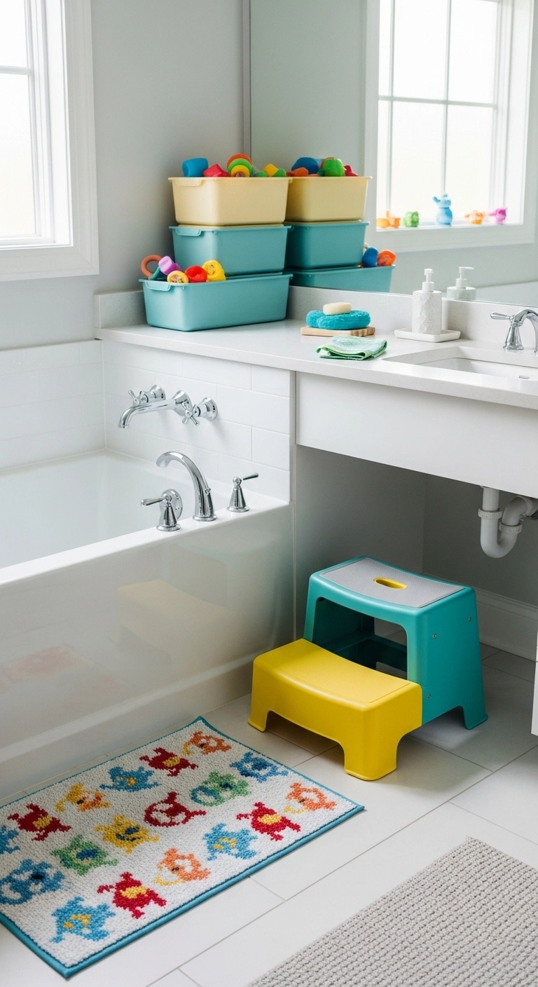 kids bathroom ideas with easy clean materials and storage