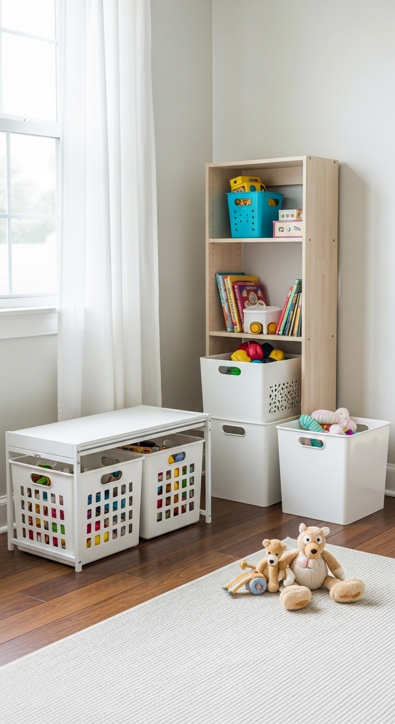 toy storage solutions with easy one-move baskets for cleanup