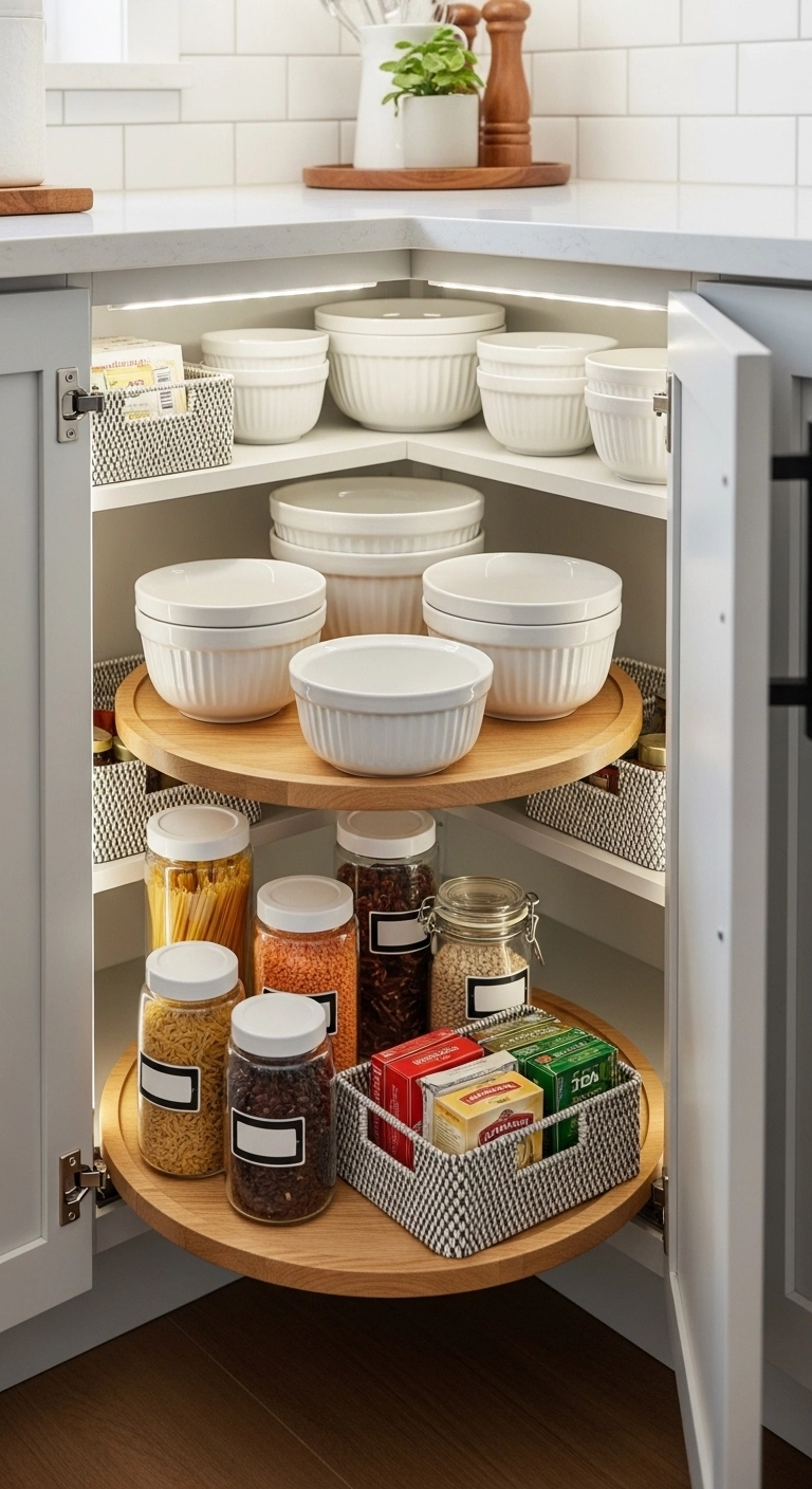 Small kitchen design ideas with easy-access corner cabinet storage