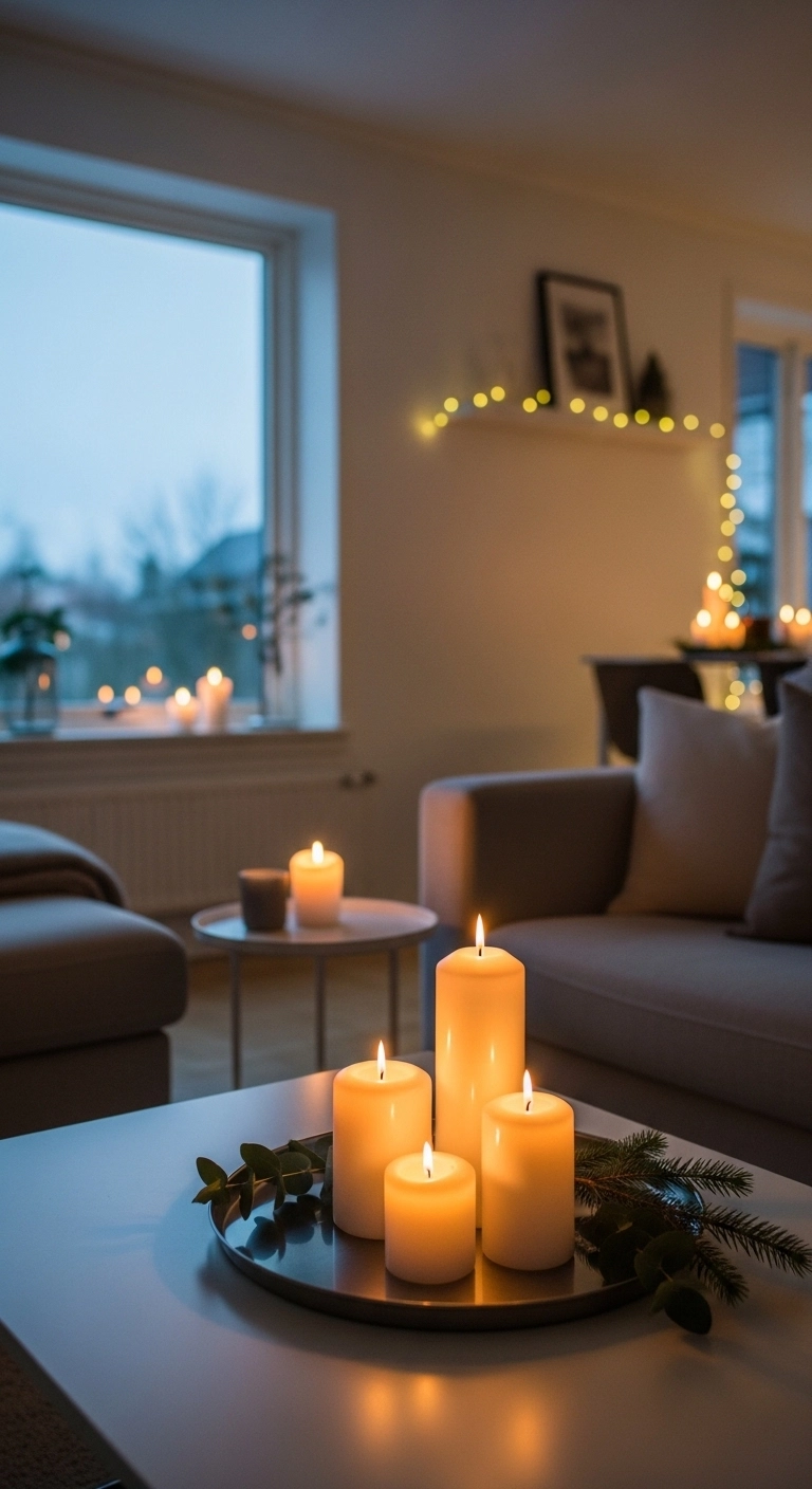 christmas candle decor ideas with simple edited candles in a modern living room