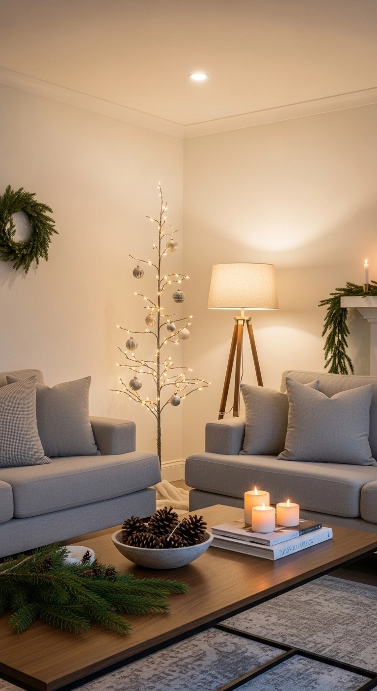 living room christmas decor in an uncluttered cozy modern room