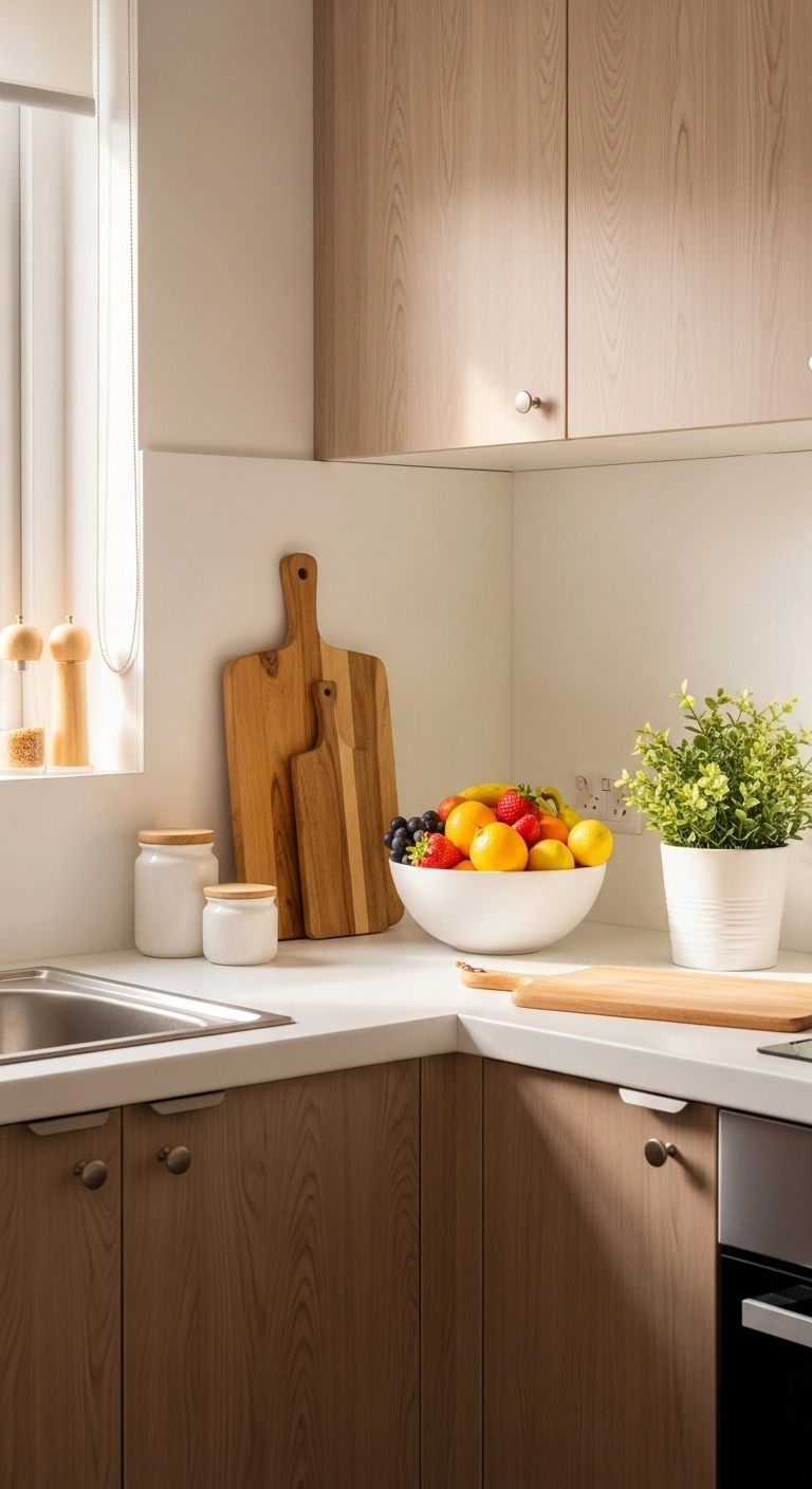 Minimal decor and a few warm details make this kitchen feel open and lived in.