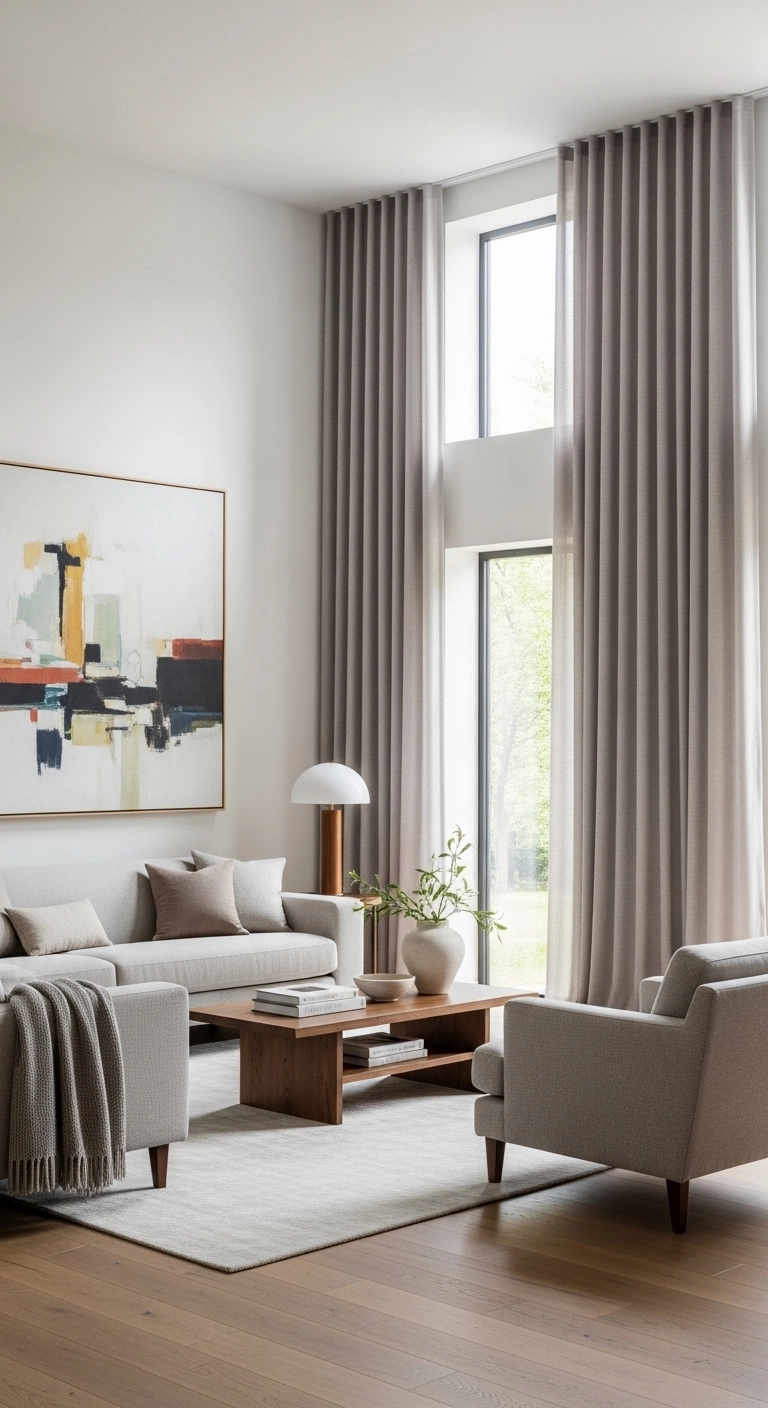modern living room designs with high-hung curtains and soft daylight