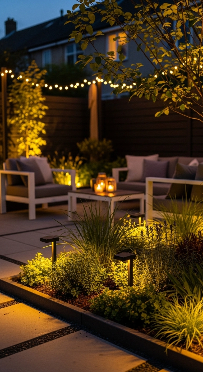 small backyard landscape design ideas with evening landscape lighting