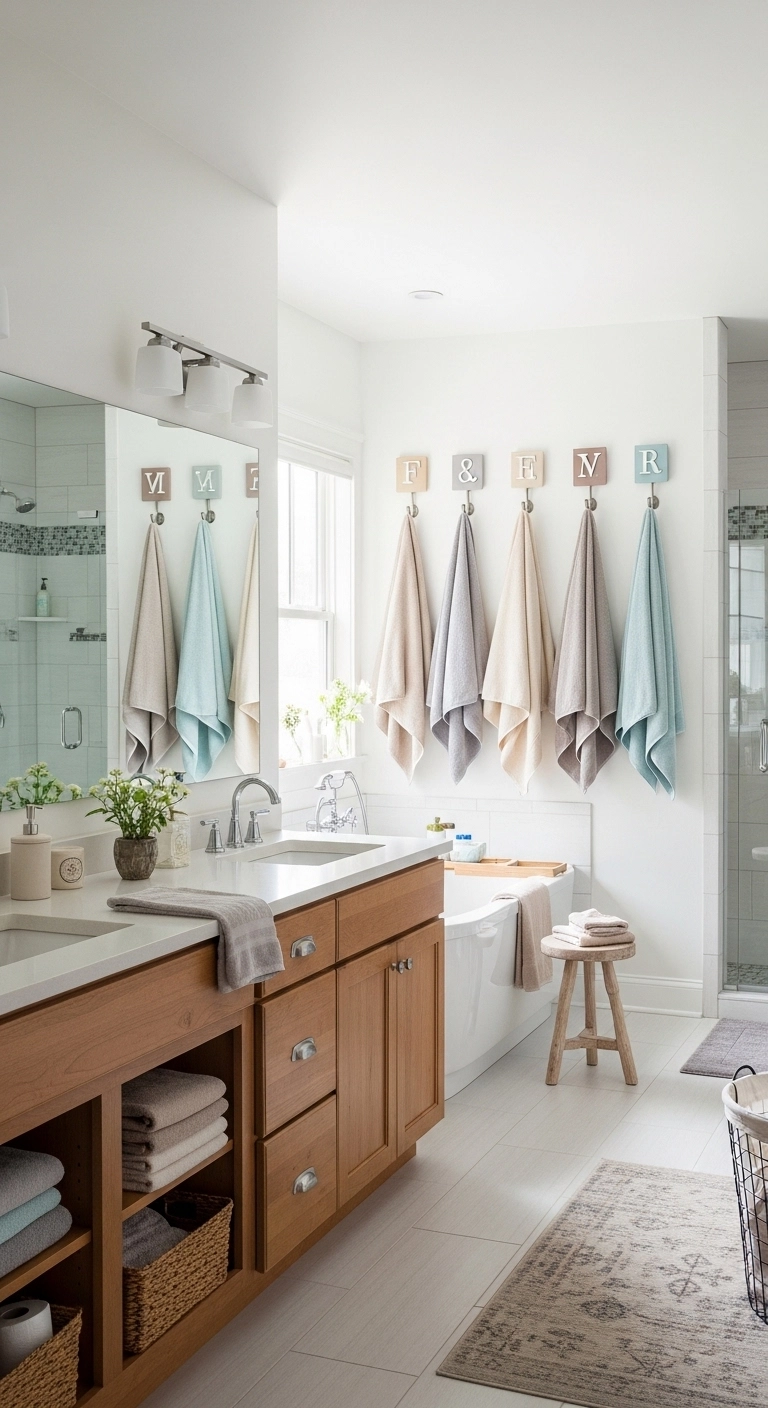 Bathroom towel hanging ideas with individual hooks in a family bathroom