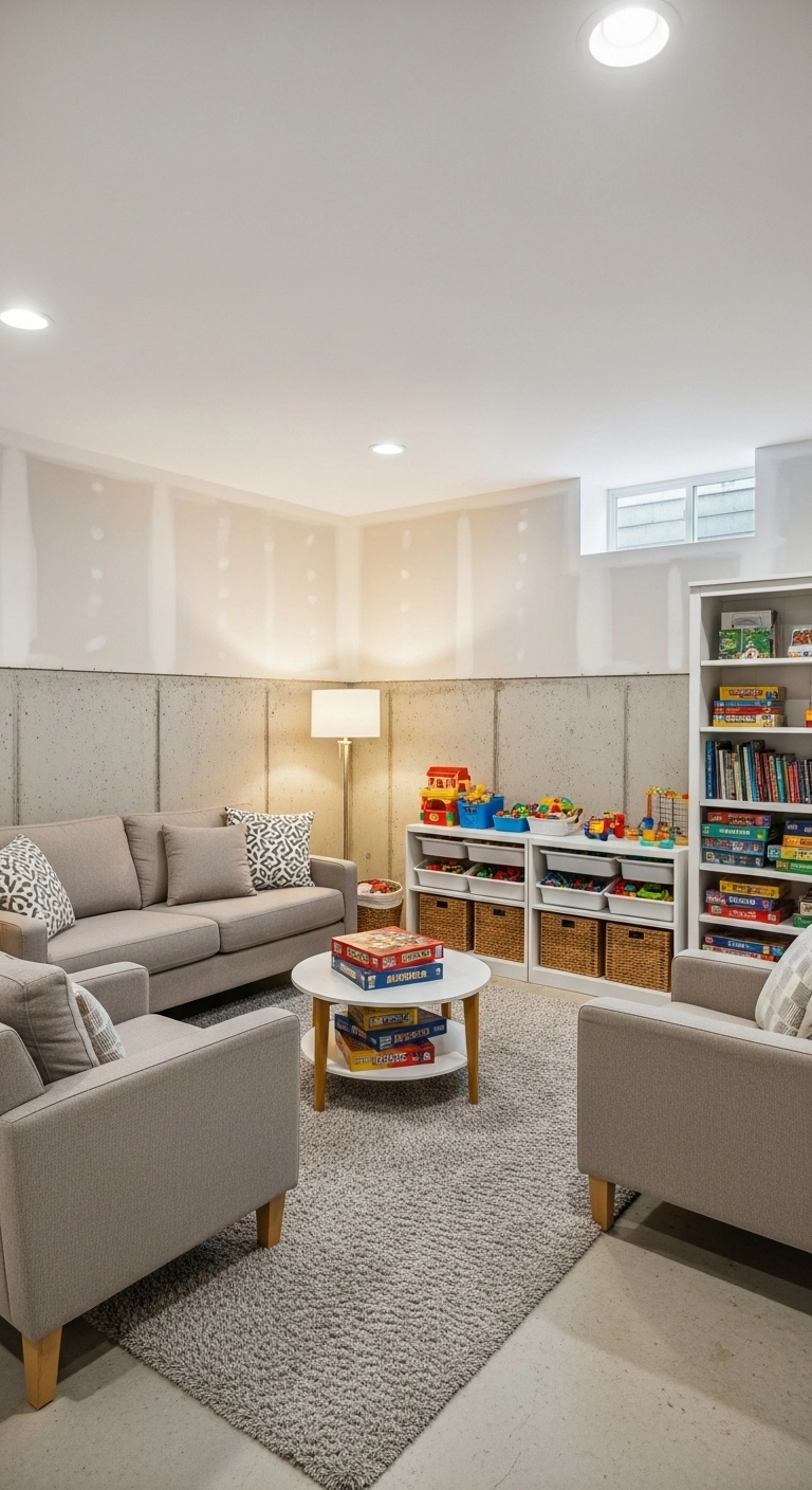 unfinished basement ideas with a family overflow room and storage