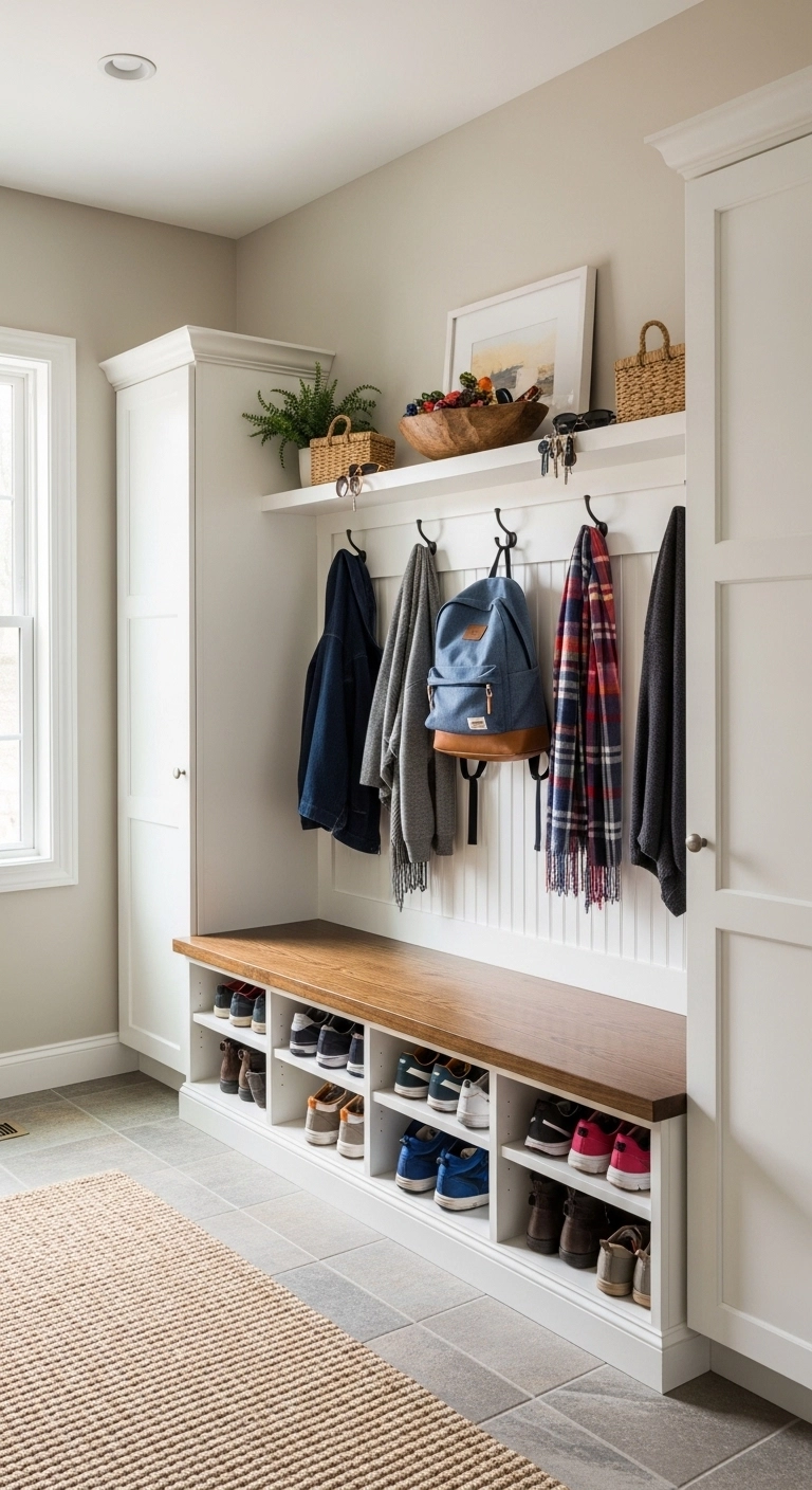 small mudroom ideas with a family drop zone near the door