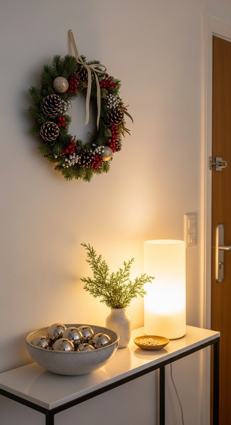 christmas apartment decor in a narrow entryway with wreath and console