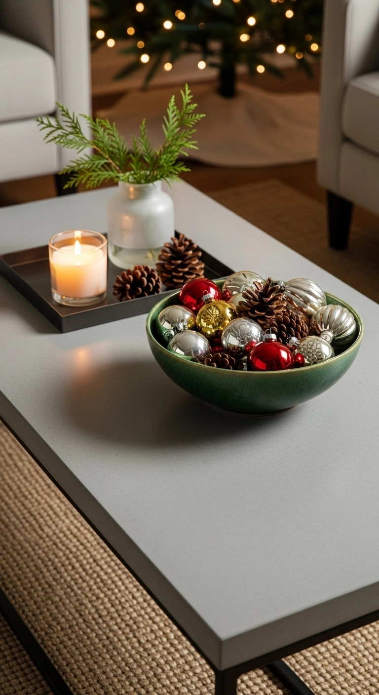 living room christmas decor with a festive tray on the coffee table