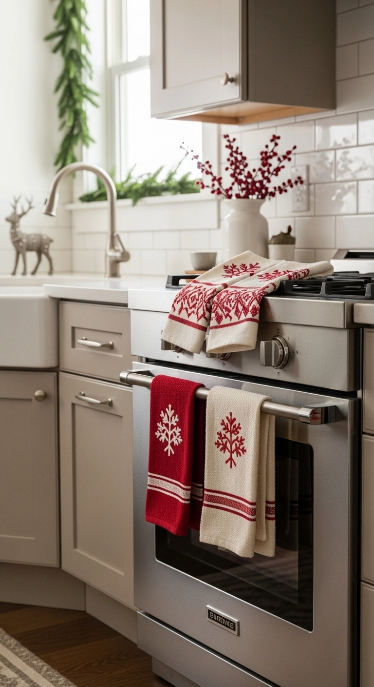 christmas kitchen decor ideas with festive dish towels in a modern kitchen