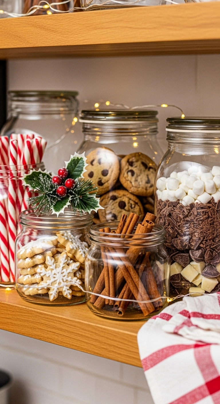 christmas kitchen decor ideas with glass jars of holiday treats