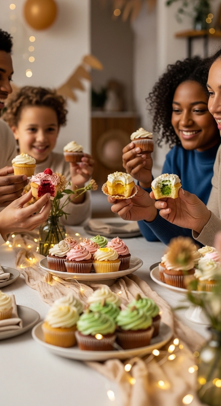 DIY gender reveal ideas with cupcakes filled with hidden pink or blue center