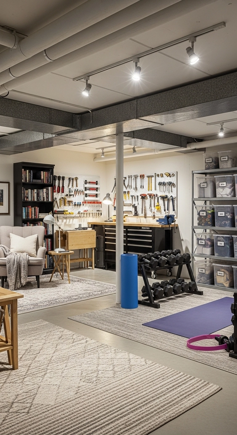 unfinished basement ideas with clear multi-use zones and better order