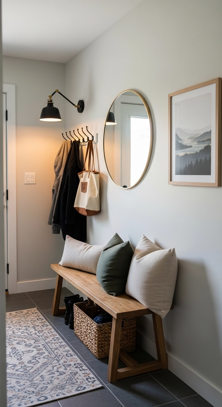 small mudroom ideas with a mirror and framed print in the entry