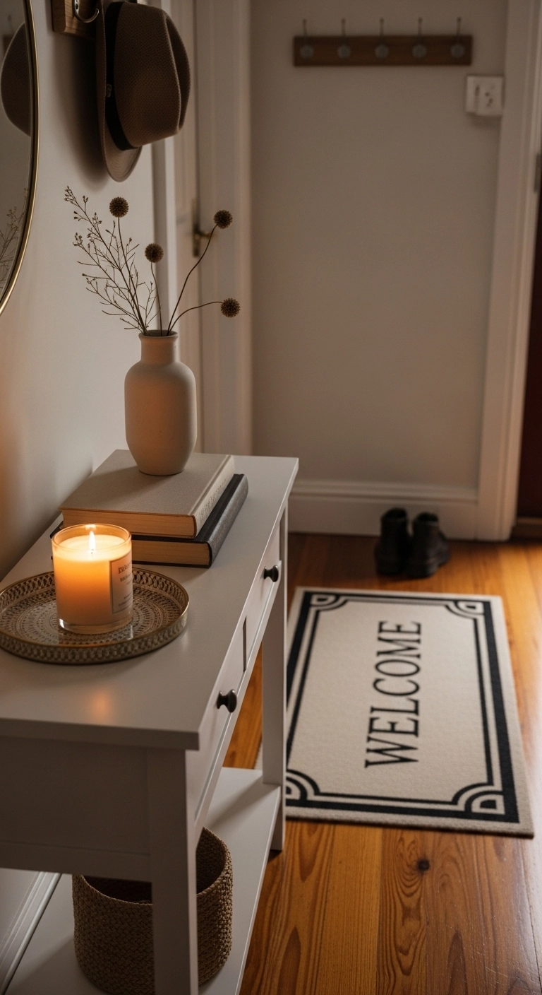 Entryway decor ideas with candles, books, and a warm welcome mat