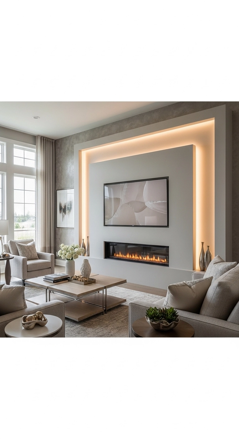 Media wall ideas with a linear fireplace below the TV in a cozy living room