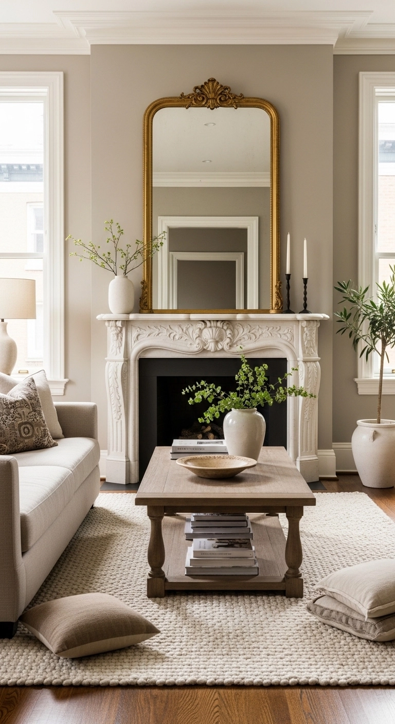 Fireplace decor ideas with a large mirror above an elegant mantel