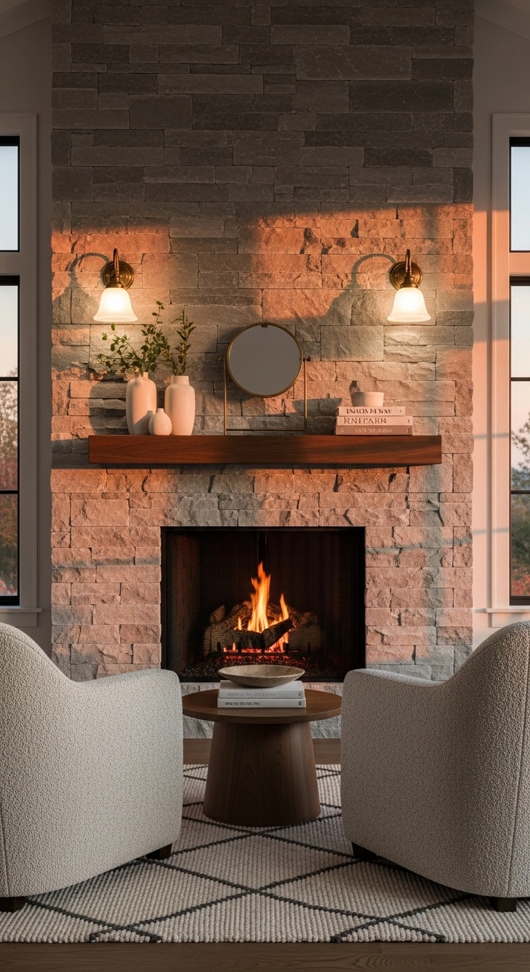 Fireplace decor ideas with wall sconces framing an elegant fireplace