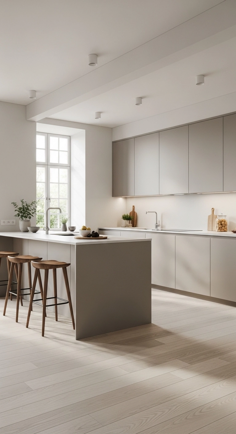 Kitchen cabinet ideas featuring flat-front cabinets in a modern minimal kitchen