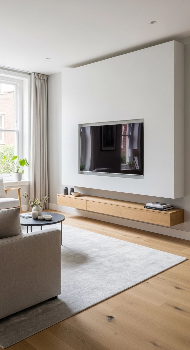 Media wall ideas with a floating console in a sleek modern living room