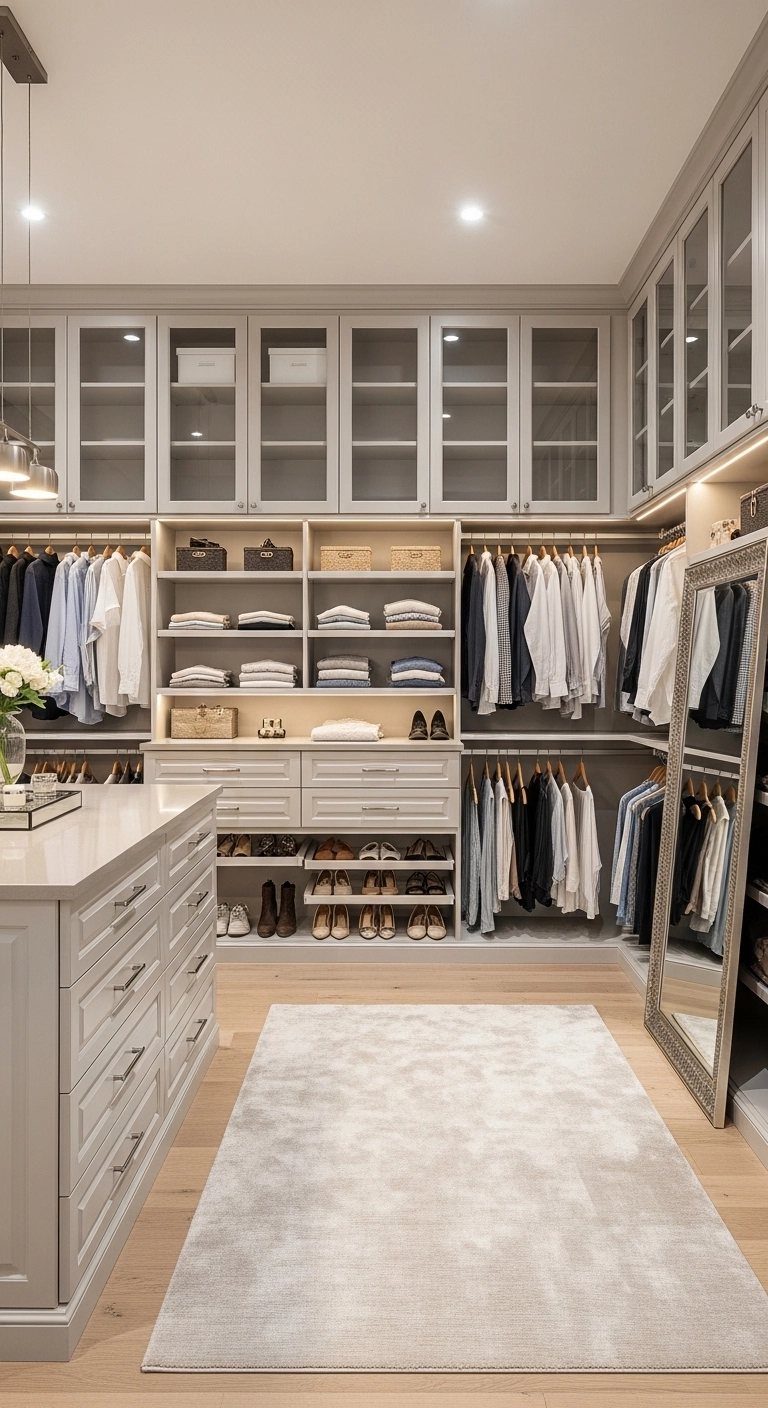 Walk in closet ideas with floor-to-ceiling cabinets and custom vertical storage
