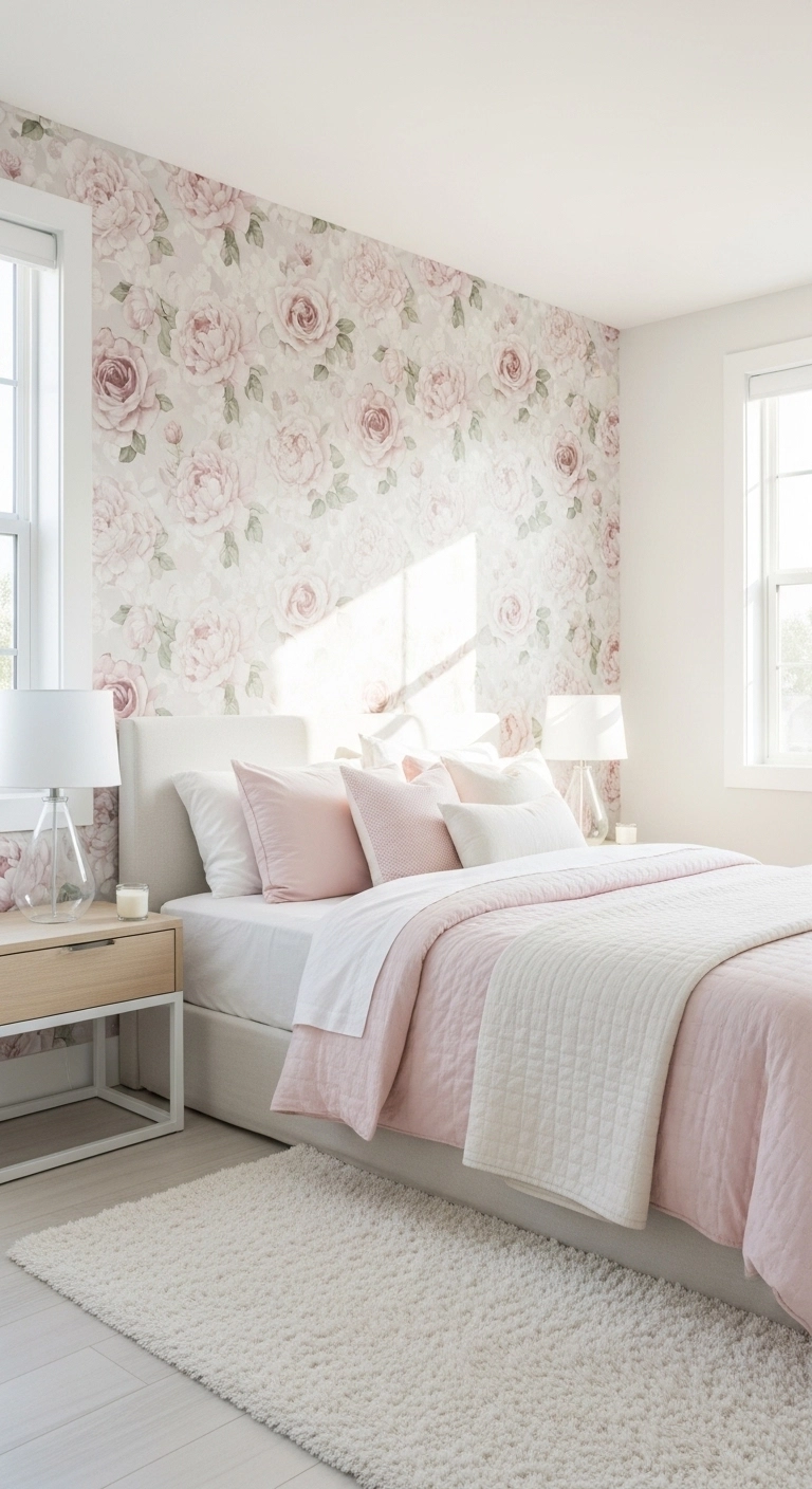 girly room dcore ideas with floral wallpaper on a bedroom accent wall