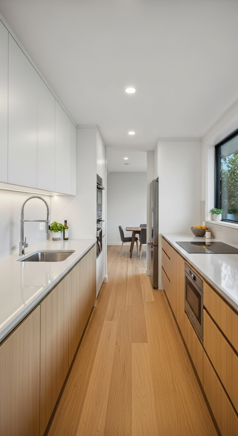 galley kitchen ideas with continuous flooring in a small compact layout