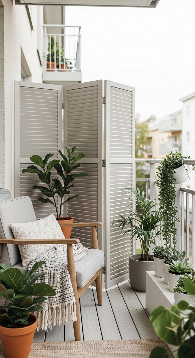 Balcony privacy ideas using a folding screen on a rental-friendly balcony
