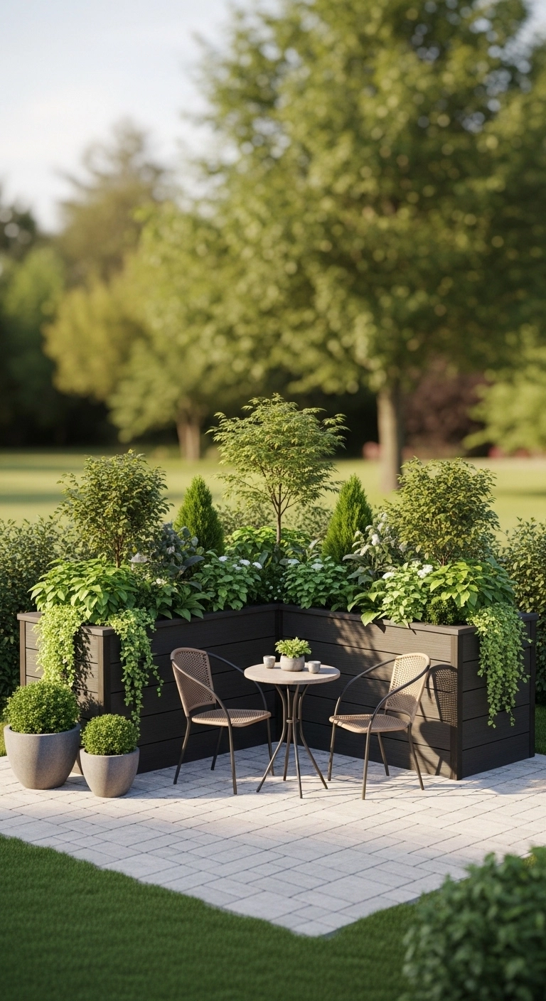 small backyard patio ideas with planters framing the patio edges