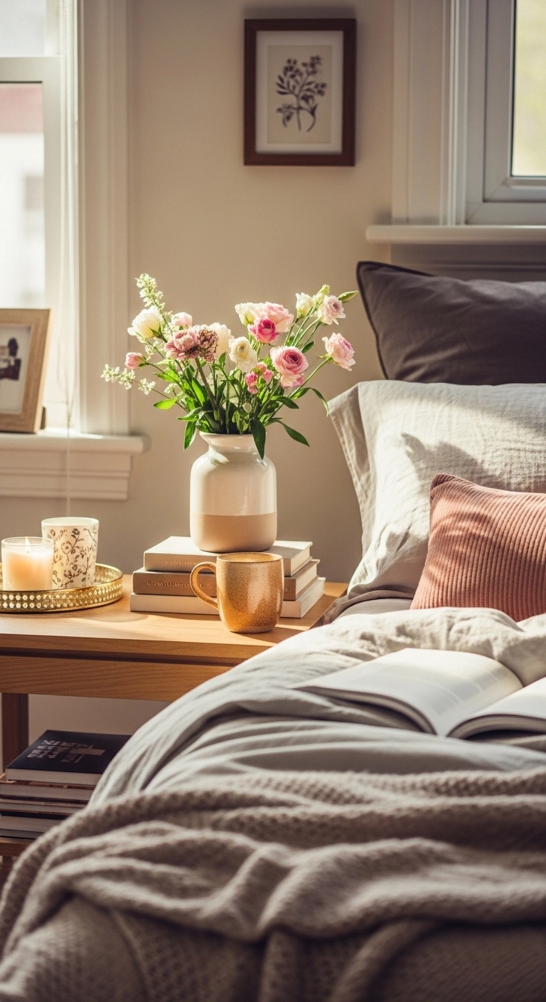 girly room dcore ideas with fresh flowers on a bedside table